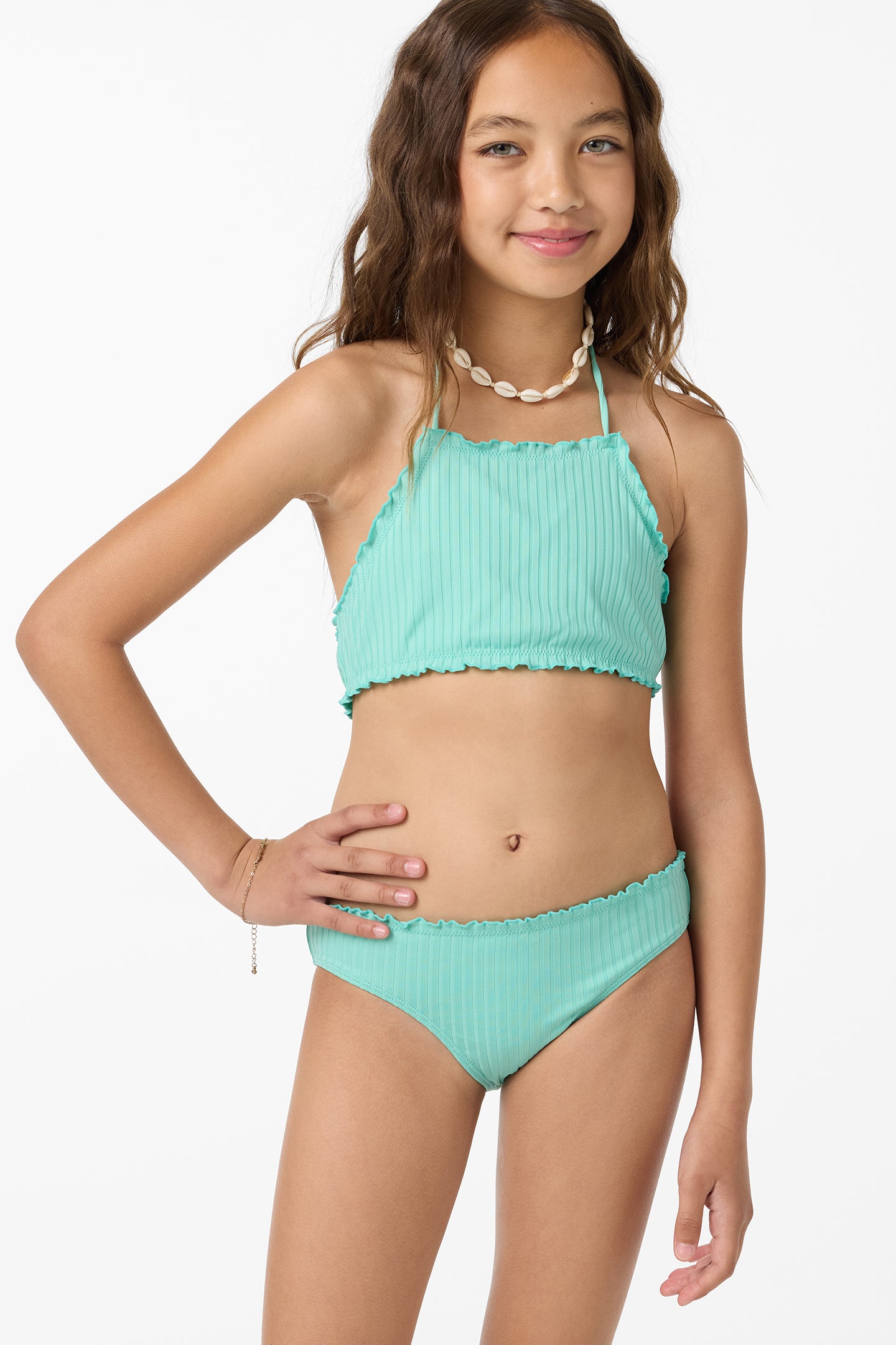 Girl's Shorebreak Rib Ruffle Edge Hi Neck Swim Set